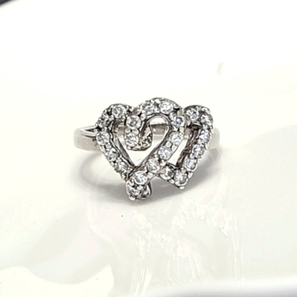 Vintage Sterling Silver Crystal Double Heart Ring 6.25